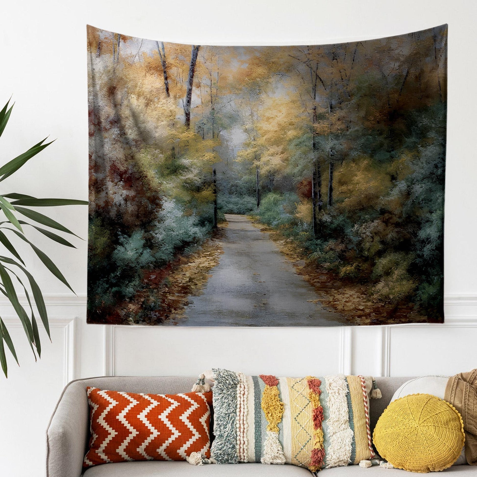 Watercolor Forest Tapestry Wall Hanging, Woodland Path Tree Art, Cozy Fall Living Room Decor, Seasonal Nature Wall Accent