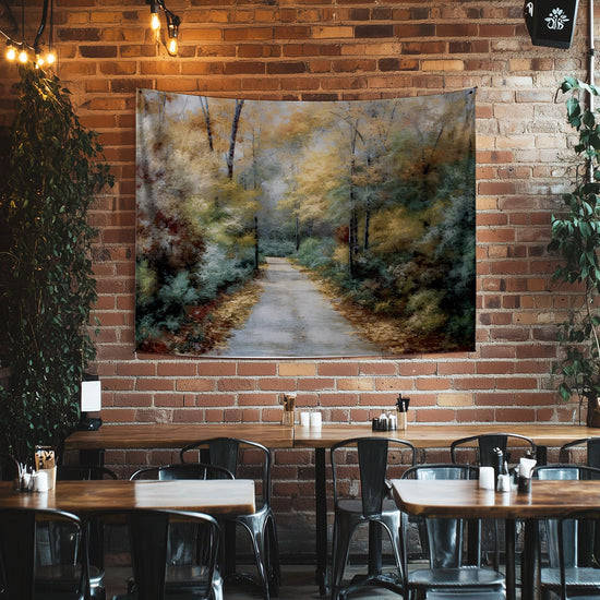 Watercolor Forest Tapestry Wall Hanging, Woodland Path Tree Art, Cozy Fall Living Room Decor, Seasonal Nature Wall Accent