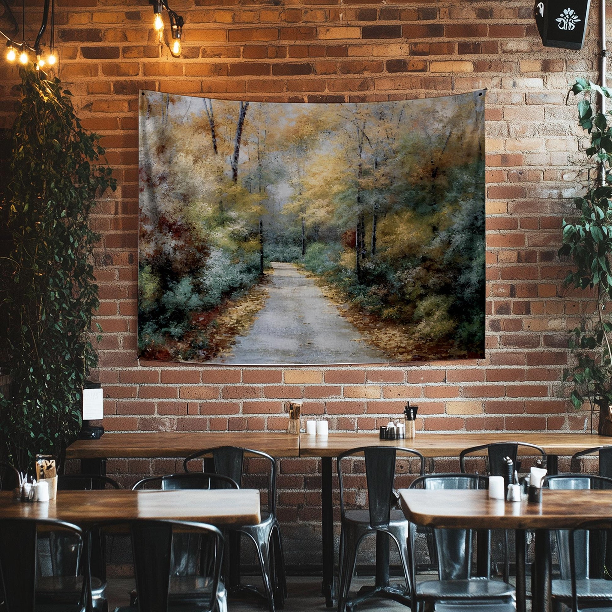 Watercolor Forest Tapestry Wall Hanging, Woodland Path Tree Art, Cozy Fall Living Room Decor, Seasonal Nature Wall Accent