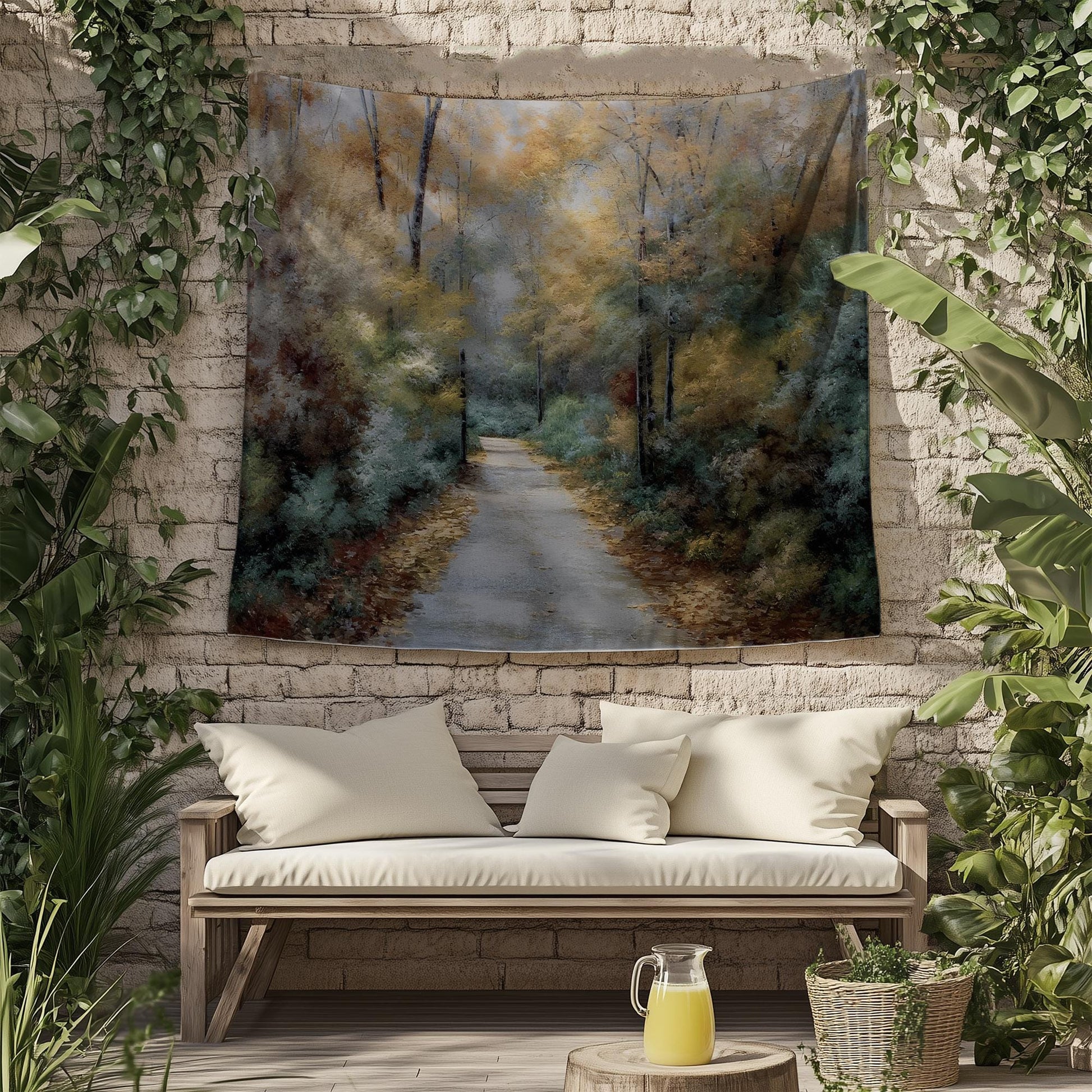 Watercolor Forest Tapestry Wall Hanging, Woodland Path Tree Art, Cozy Fall Living Room Decor, Seasonal Nature Wall Accent