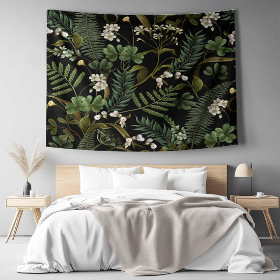 Green Botanical Tapestry Wall Hanging, Wild Flower Floral Home Decor, Cozy Fall Living Room Decor, Bedroom Nature Wall Accent