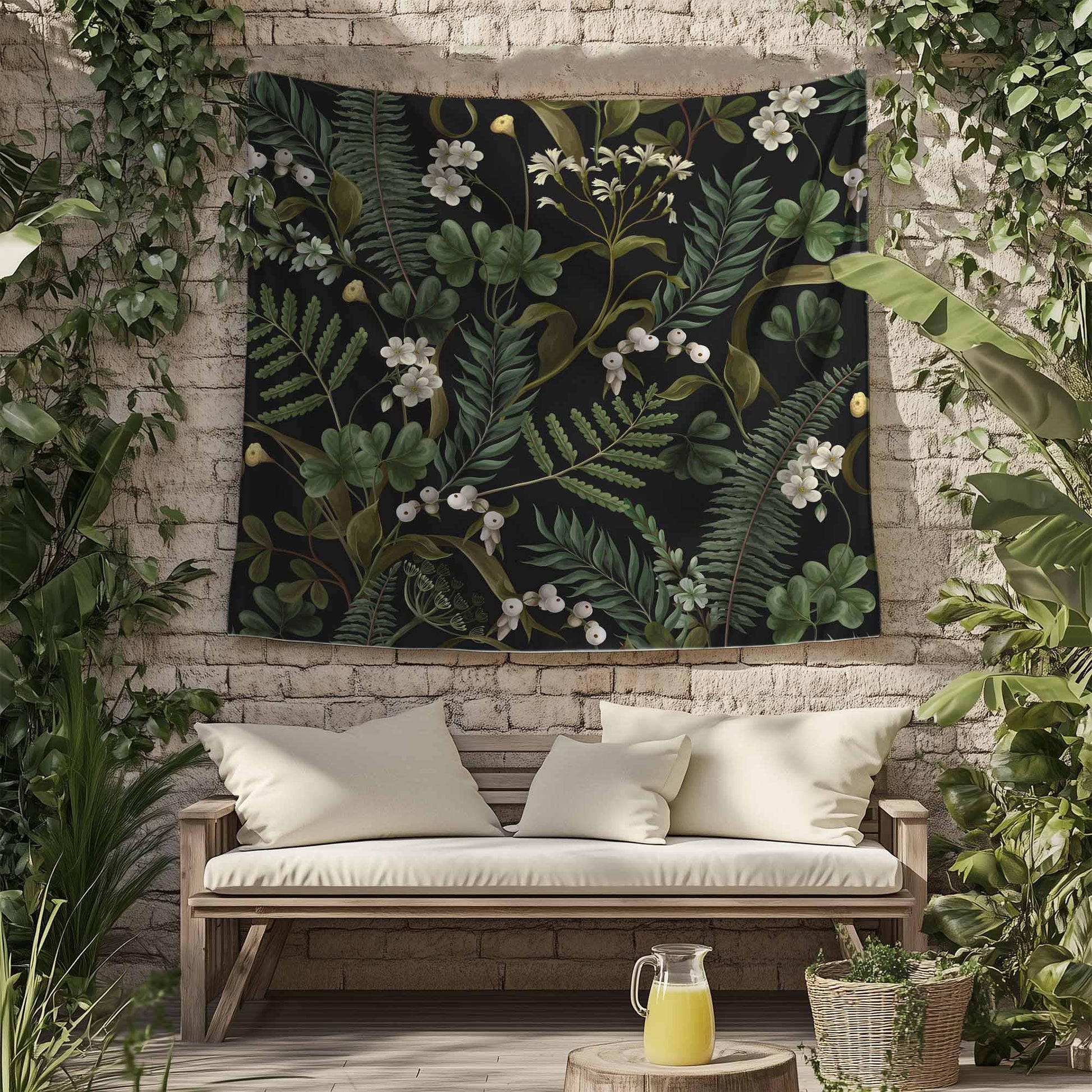 Green Botanical Tapestry Wall Hanging, Wild Flower Floral Home Decor, Cozy Fall Living Room Decor, Bedroom Nature Wall Accent