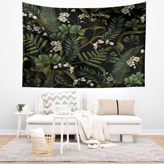 Green Botanical Tapestry Wall Hanging, Wild Flower Floral Home Decor, Cozy Fall Living Room Decor, Bedroom Nature Wall Accent