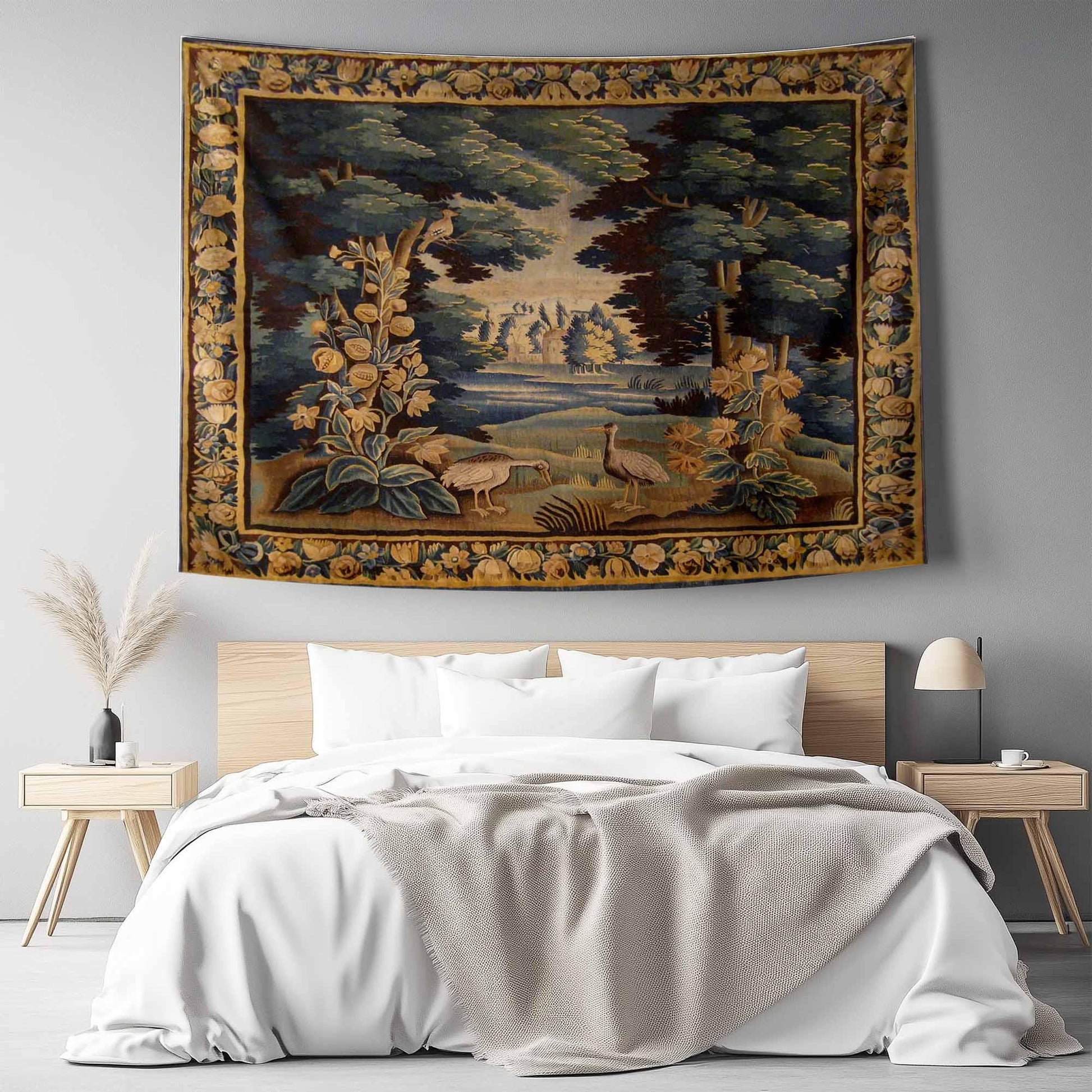 French Wall Tapestry Vintage Royal Garden Verdure, Dark Cottagecore Bedroom Decoration, Boho Wall Hanging