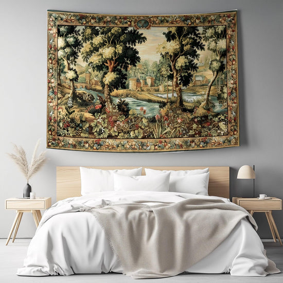 Medieval Tapestry Wall Hang French Garden Floral Verdure Tapestry French Country European Tapestry Dark Cottagecore Vintage antique fabric