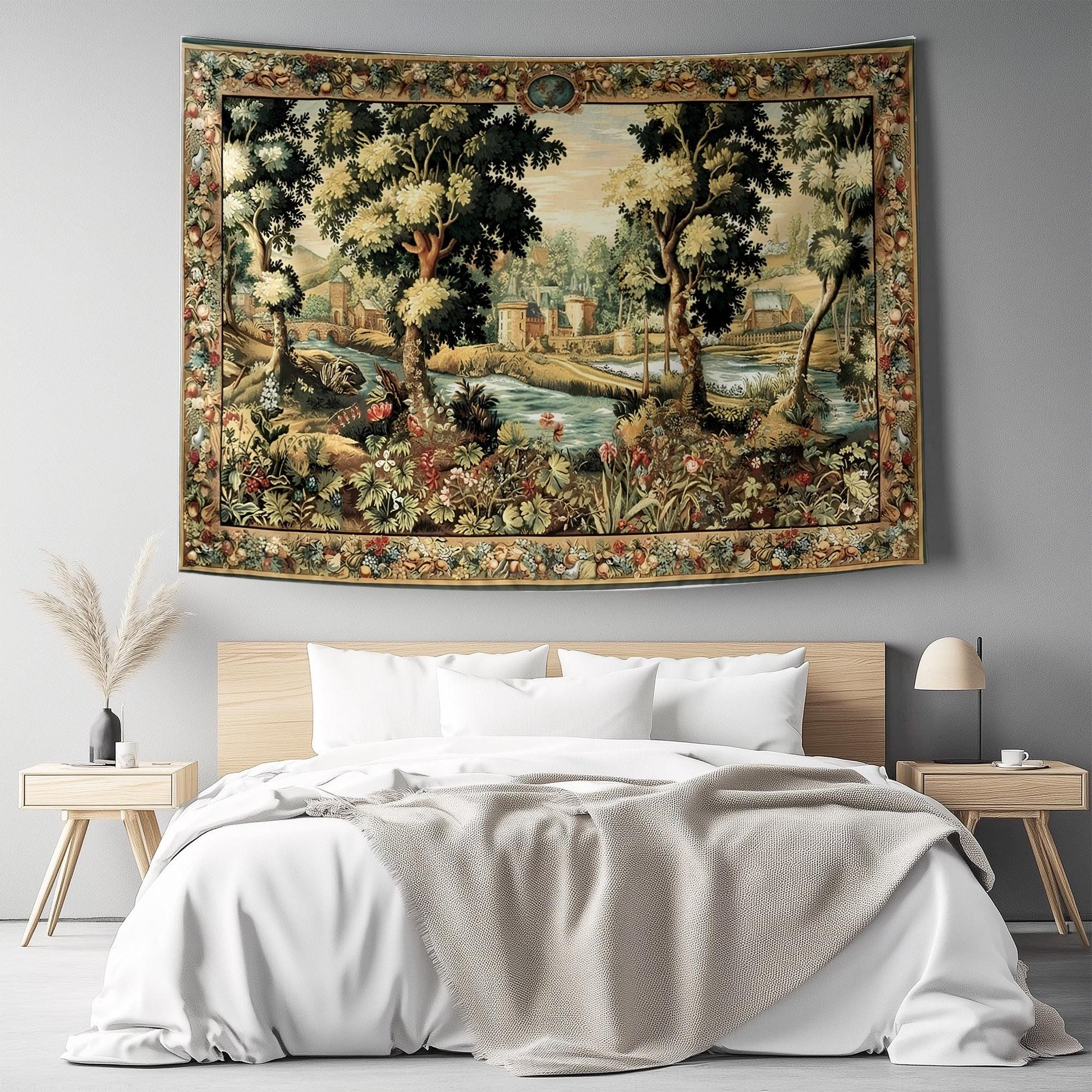 Medieval Tapestry Wall Hang French Garden Floral Verdure Tapestry French Country European Tapestry Dark Cottagecore Vintage antique fabric