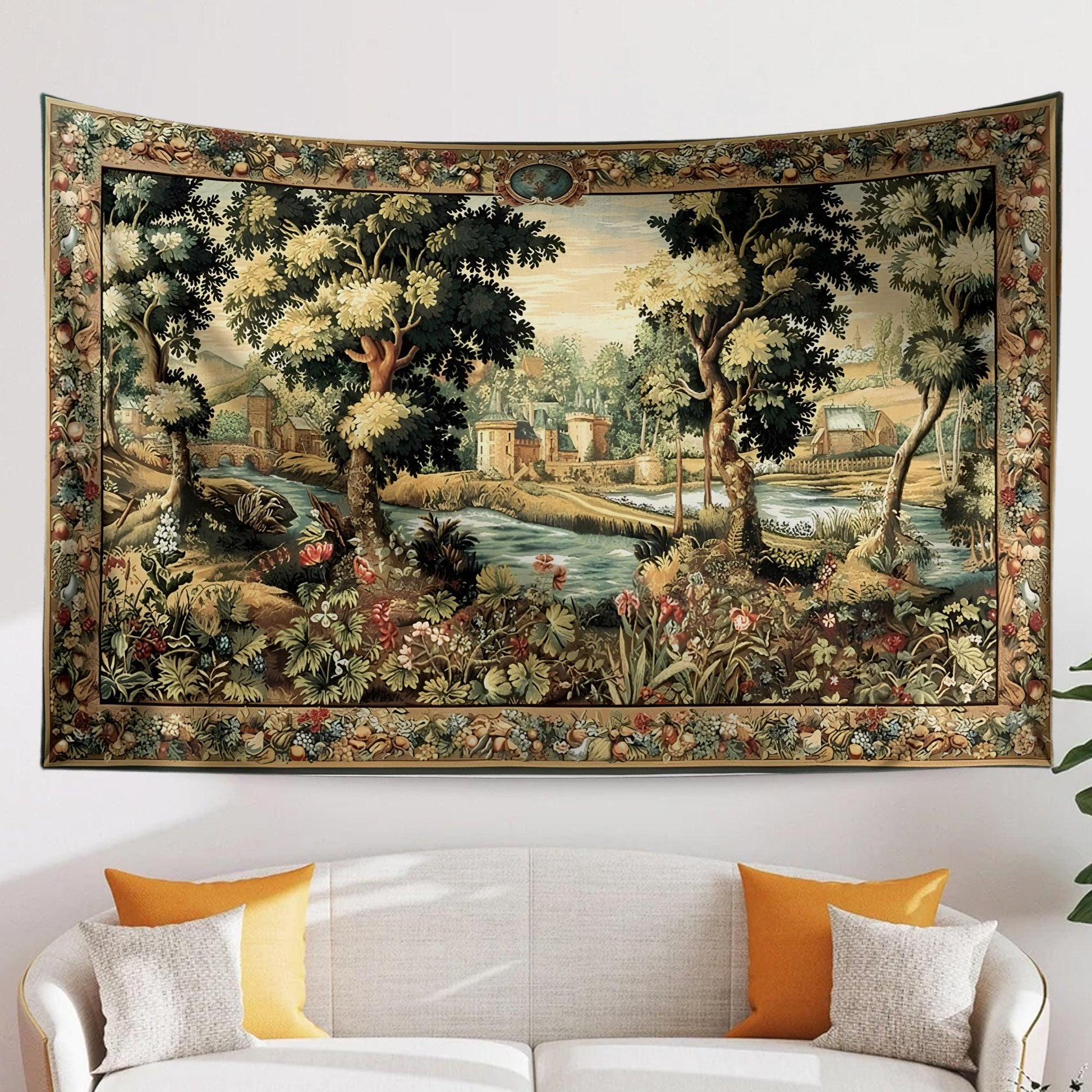 Medieval Tapestry Wall Hang French Garden Floral Verdure Tapestry French Country European Tapestry Dark Cottagecore Vintage antique fabric