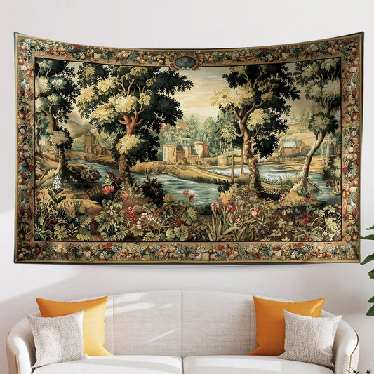 Medieval Tapestry Wall Hang French Garden Floral Verdure Tapestry French Country European Tapestry Dark Cottagecore Vintage antique fabric