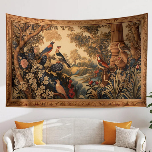 Medieval Tapestry  Garden of Birds Wall Hanging Vintage French Garden Floral Woven Antique Tapestry French Country Decor European Tapestry