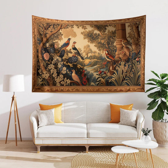 Medieval Tapestry  Garden of Birds Wall Hanging Vintage French Garden Floral Woven Antique Tapestry French Country Decor European Tapestry