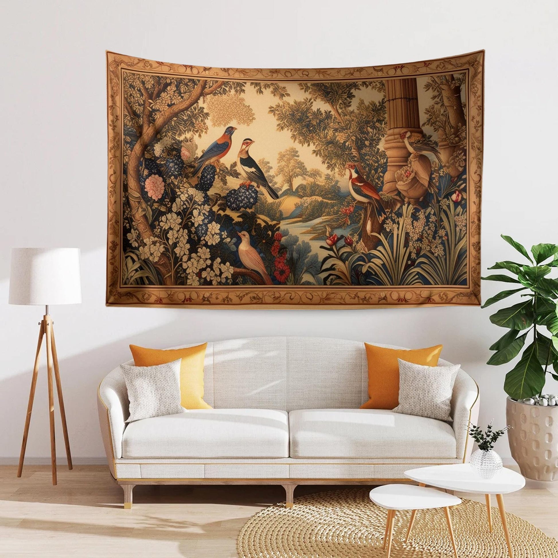 Medieval Tapestry  Garden of Birds Wall Hanging Vintage French Garden Floral Woven Antique Tapestry French Country Decor European Tapestry