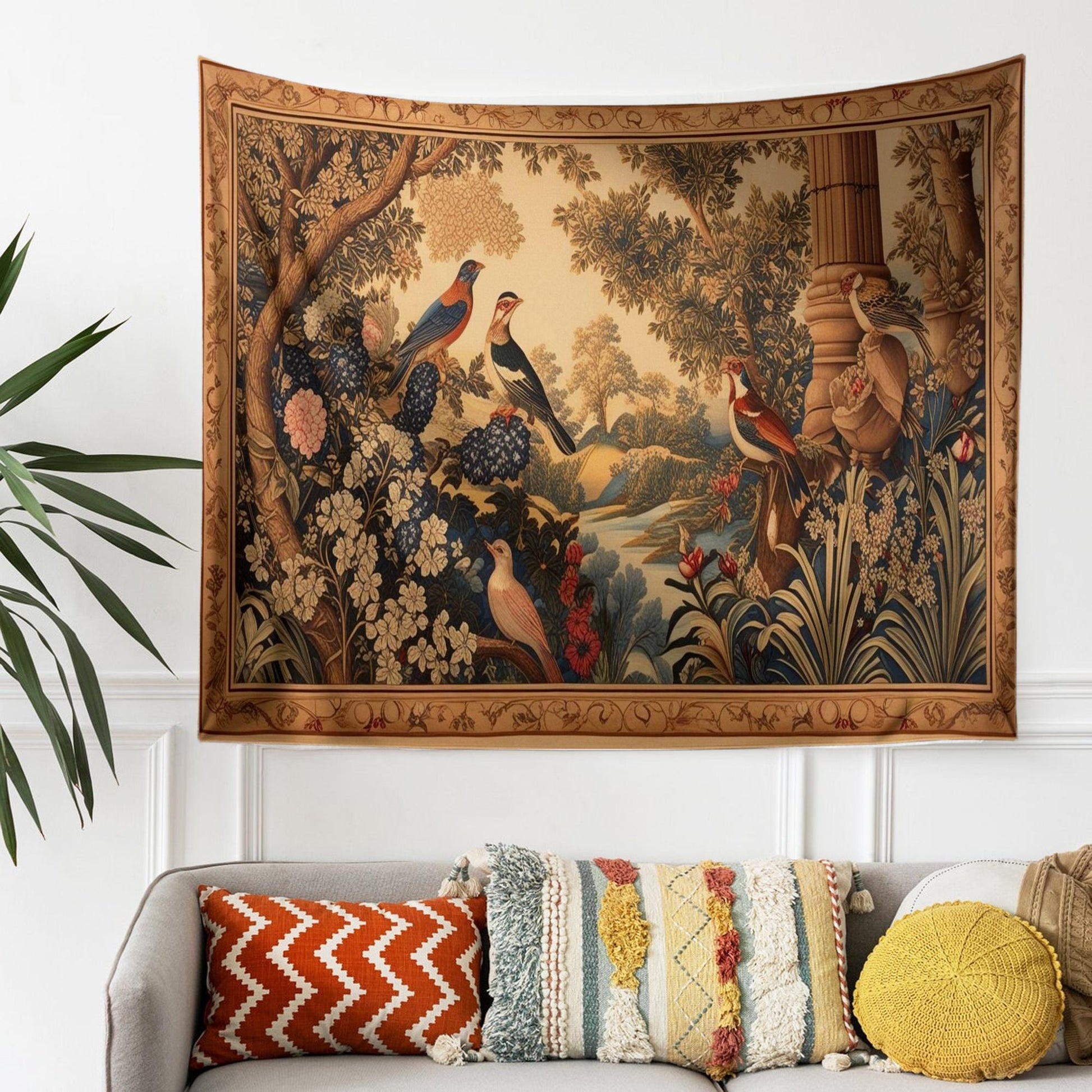 Medieval Tapestry  Garden of Birds Wall Hanging Vintage French Garden Floral Woven Antique Tapestry French Country Decor European Tapestry