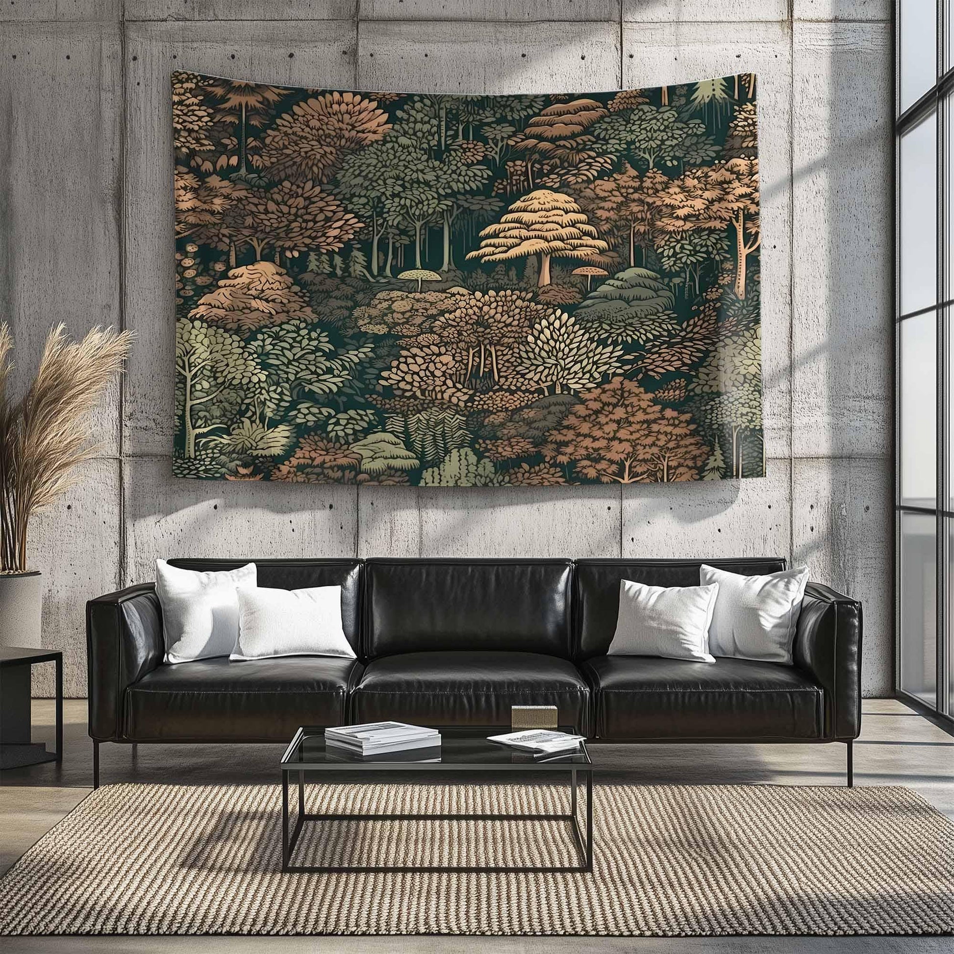 Nature Botanical Forest Tapestry – Green Brown Woodland Tree Wall Art, Aesthetic Home Decor, Tree Tapestry for Living Room Bedroom