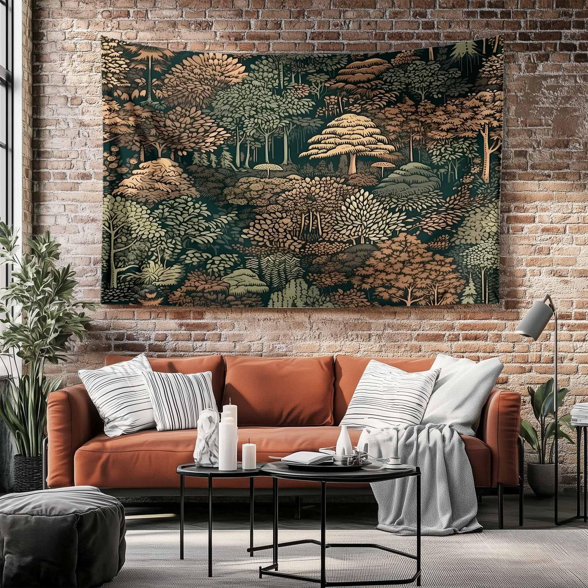 Nature Botanical Forest Tapestry – Green Brown Woodland Tree Wall Art, Aesthetic Home Decor, Tree Tapestry for Living Room Bedroom