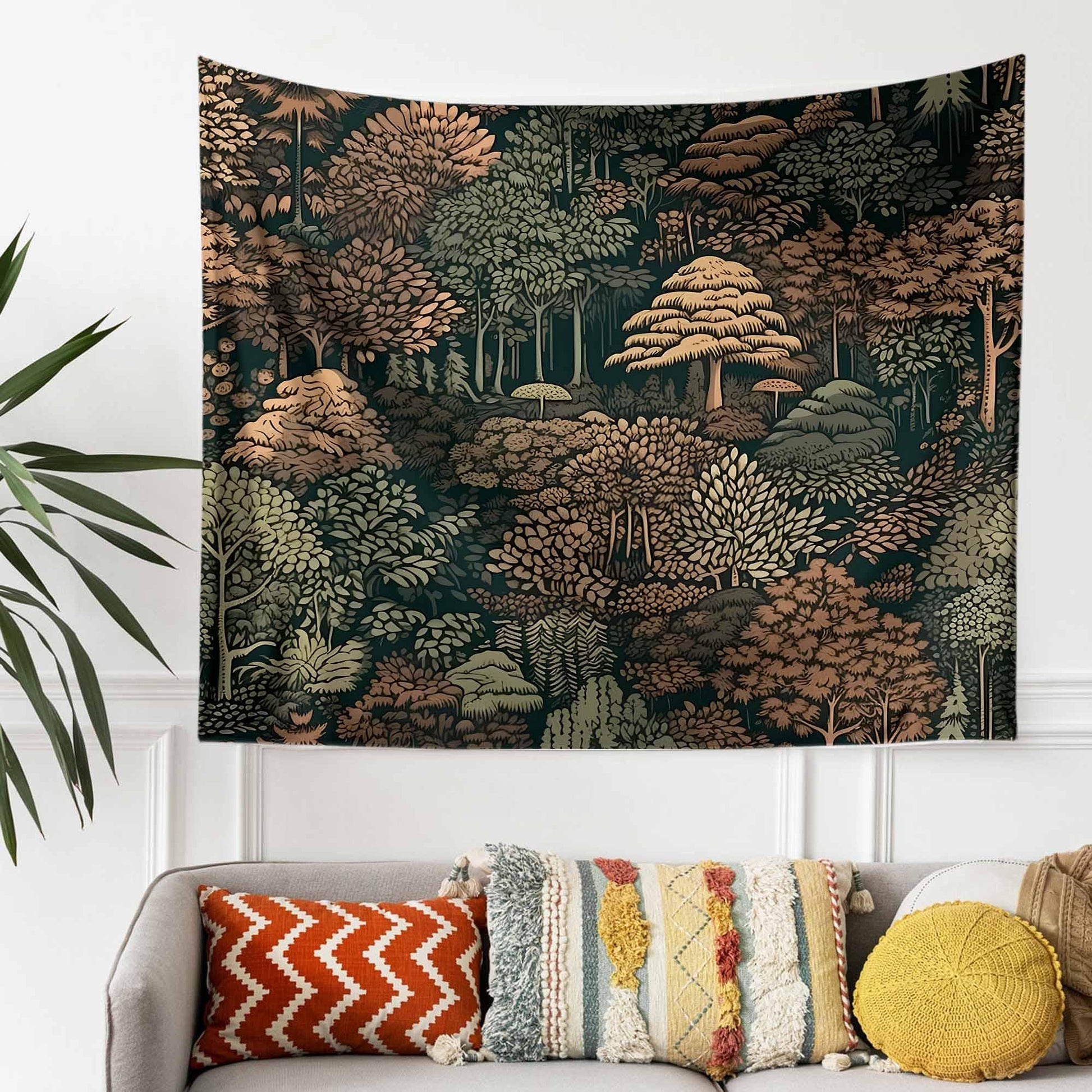 Nature Botanical Forest Tapestry – Green Brown Woodland Tree Wall Art, Aesthetic Home Decor, Tree Tapestry for Living Room Bedroom