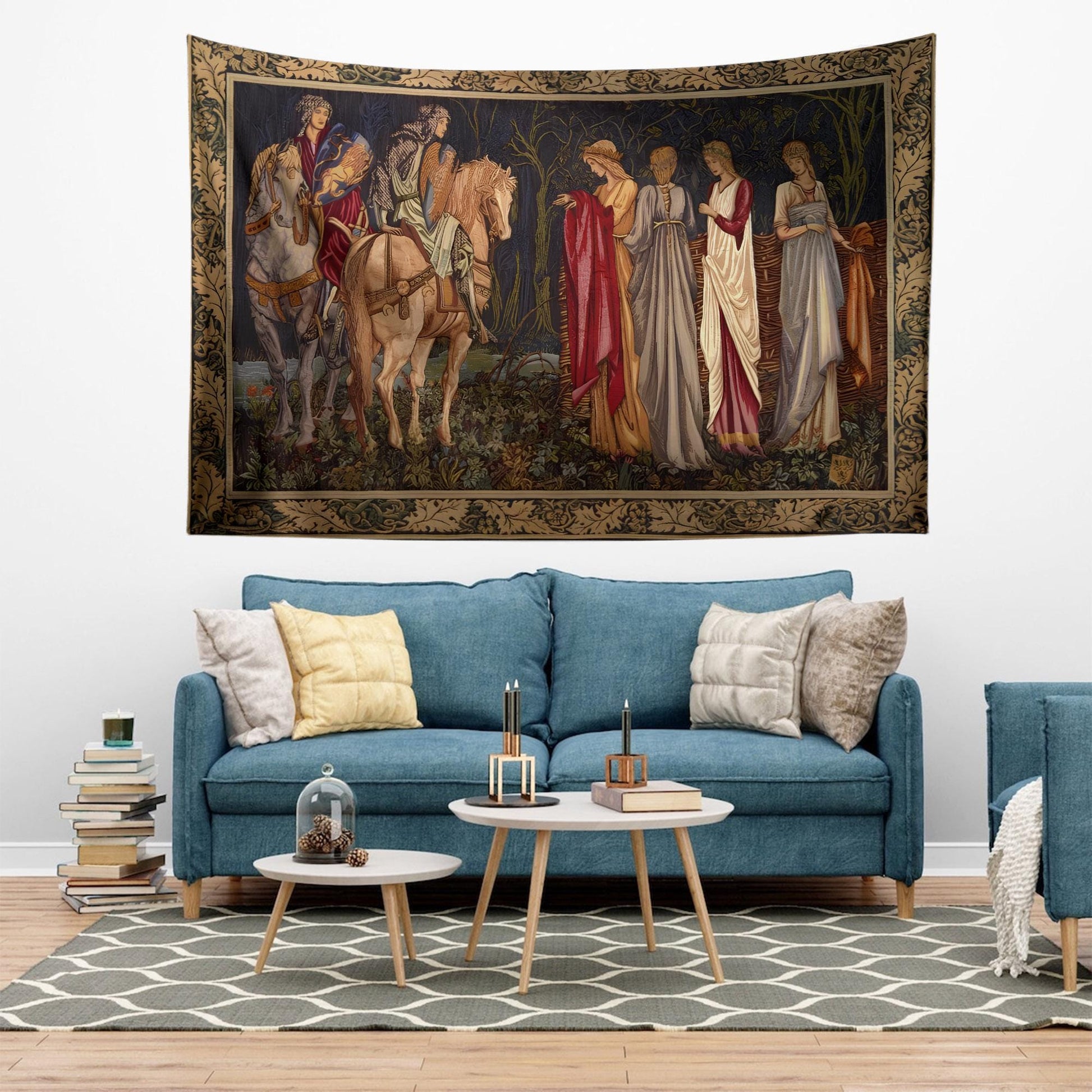 Medieval French Tapestry Wall Art - Departure of the Knights of Camelot, 15th Century Antique Decor, Historical Medieval Art Textile