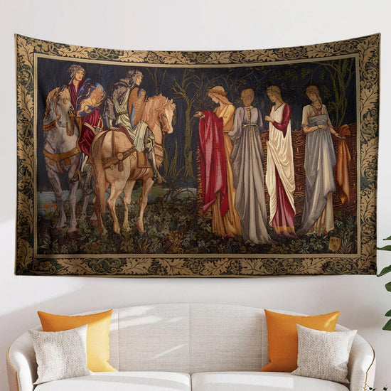 Medieval French Tapestry Wall Art - Departure of the Knights of Camelot, 15th Century Antique Decor, Historical Medieval Art Textile