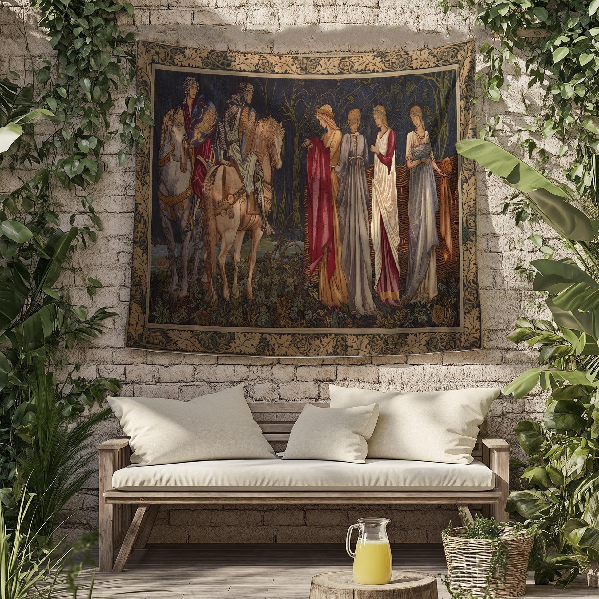 Medieval French Tapestry Wall Art - Departure of the Knights of Camelot, 15th Century Antique Decor, Historical Medieval Art Textile