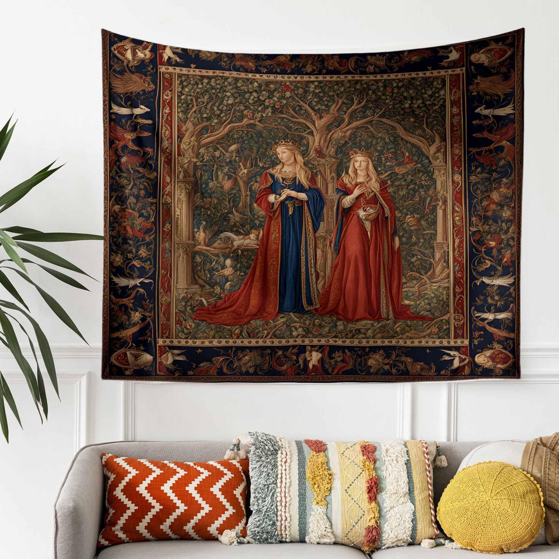 Medieval Princess Tapestry - Enchanting 15th Century French Wall Hanging, Red Mythical Artwork, Vintage Decor Gift