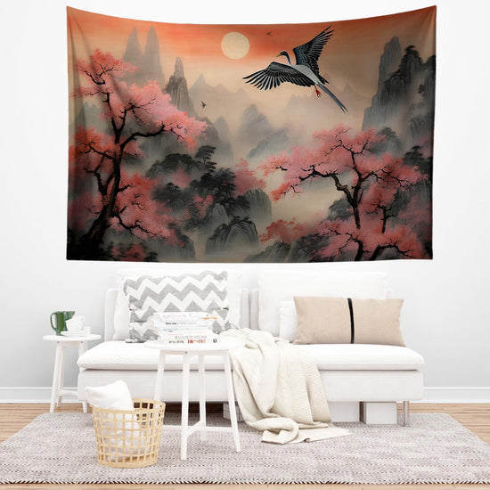 Japanese Art Landscape Tapestry, Nature Tapestry Wall Hanging, Sunset Tapestry, Mountain Forest Landscape Tapestries for Living Room Decor