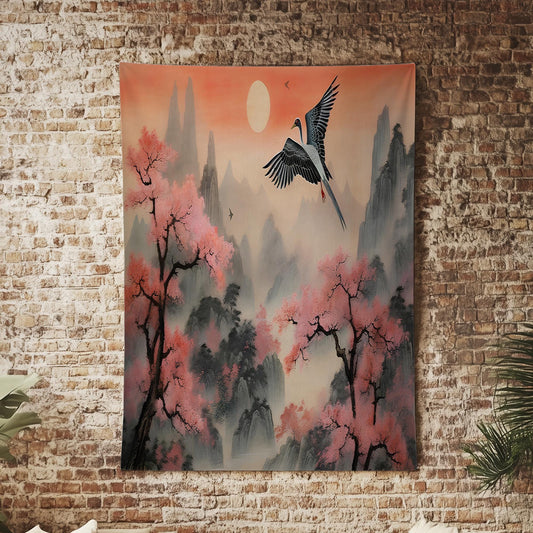 Japanese Art Landscape Tapestry, Nature Tapestry Wall Hanging, Sunset Tapestry, Mountain Forest Landscape Tapestries for Living Room Decor