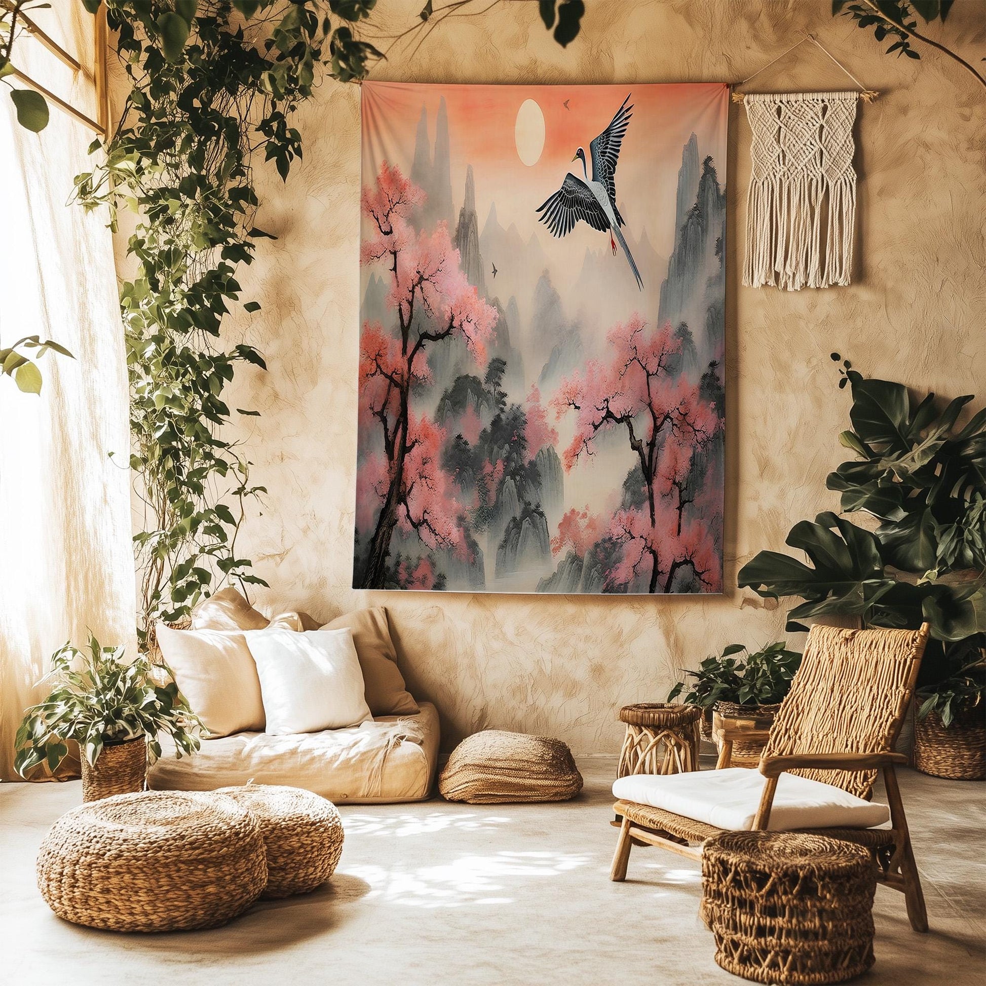 Japanese Art Landscape Tapestry, Nature Tapestry Wall Hanging, Sunset Tapestry, Mountain Forest Landscape Tapestries for Living Room Decor