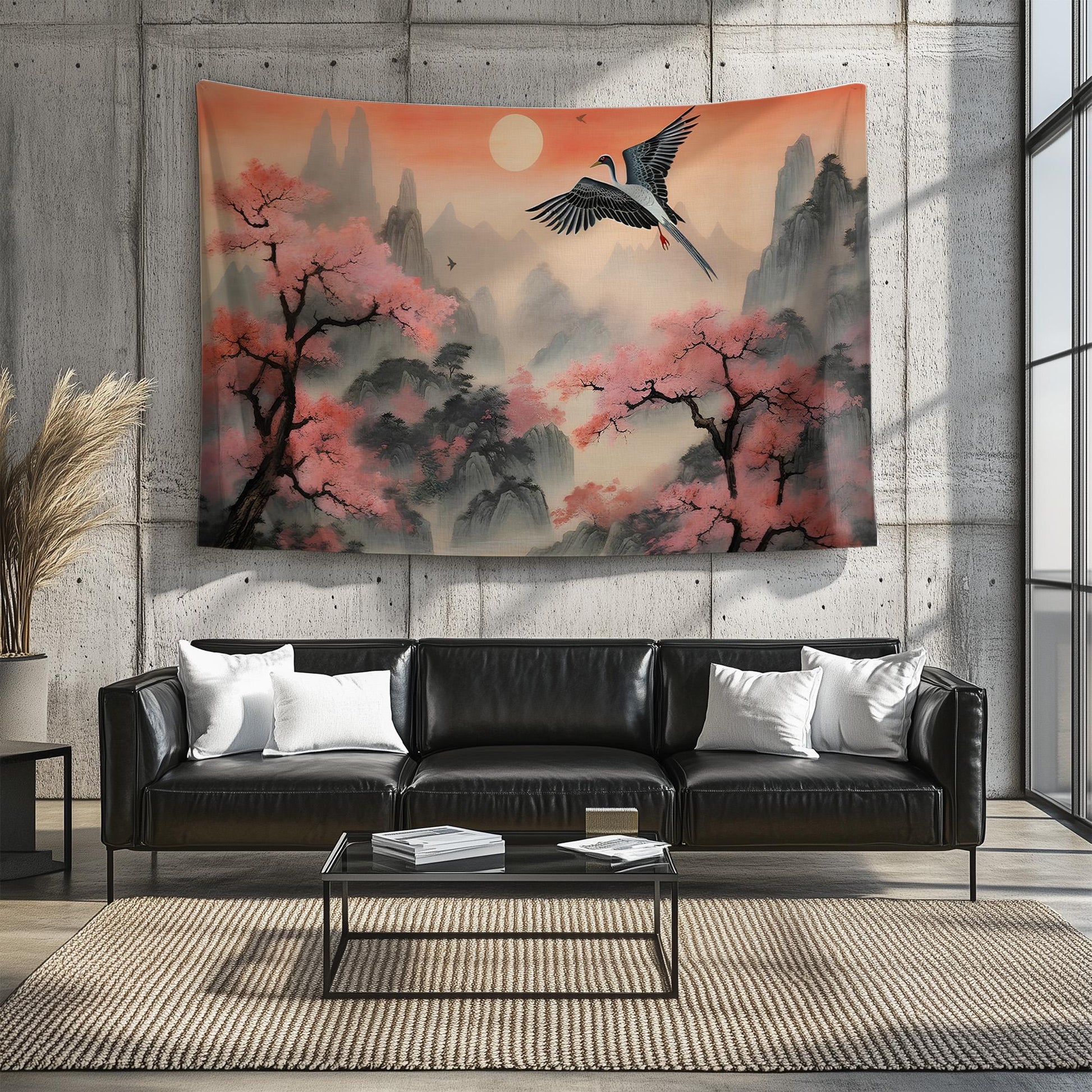 Japanese Art Landscape Tapestry, Nature Tapestry Wall Hanging, Sunset Tapestry, Mountain Forest Landscape Tapestries for Living Room Decor