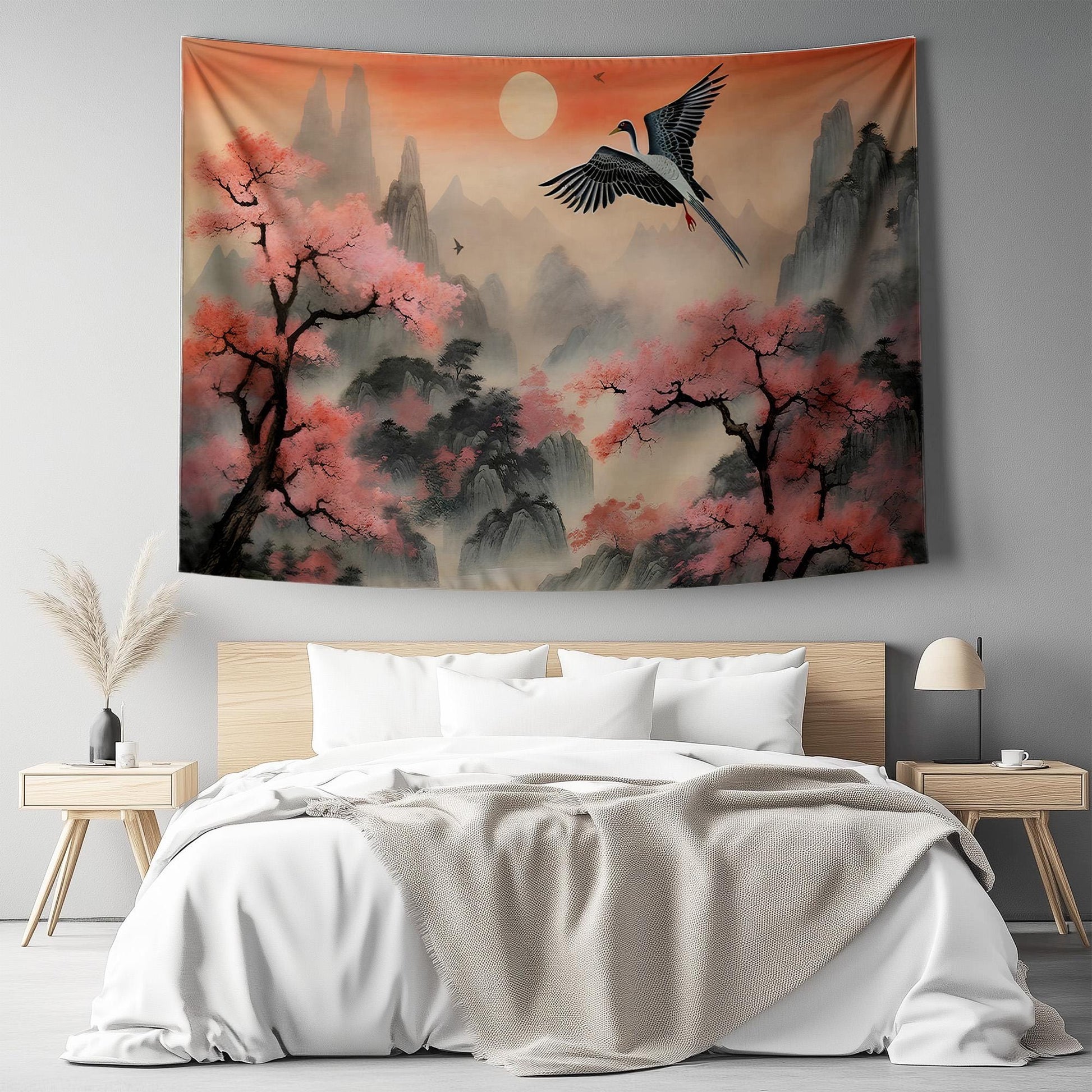 Japanese Art Landscape Tapestry, Nature Tapestry Wall Hanging, Sunset Tapestry, Mountain Forest Landscape Tapestries for Living Room Decor