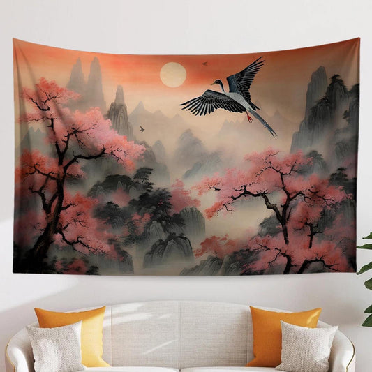 Japanese Art Landscape Tapestry, Nature Tapestry Wall Hanging, Sunset Tapestry, Mountain Forest Landscape Tapestries for Living Room Decor