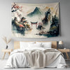 Japanese Watercolor Landscape Tapestry – Tranquil Mountain Forest Historic Houses Wall Art for Serene Home Decor