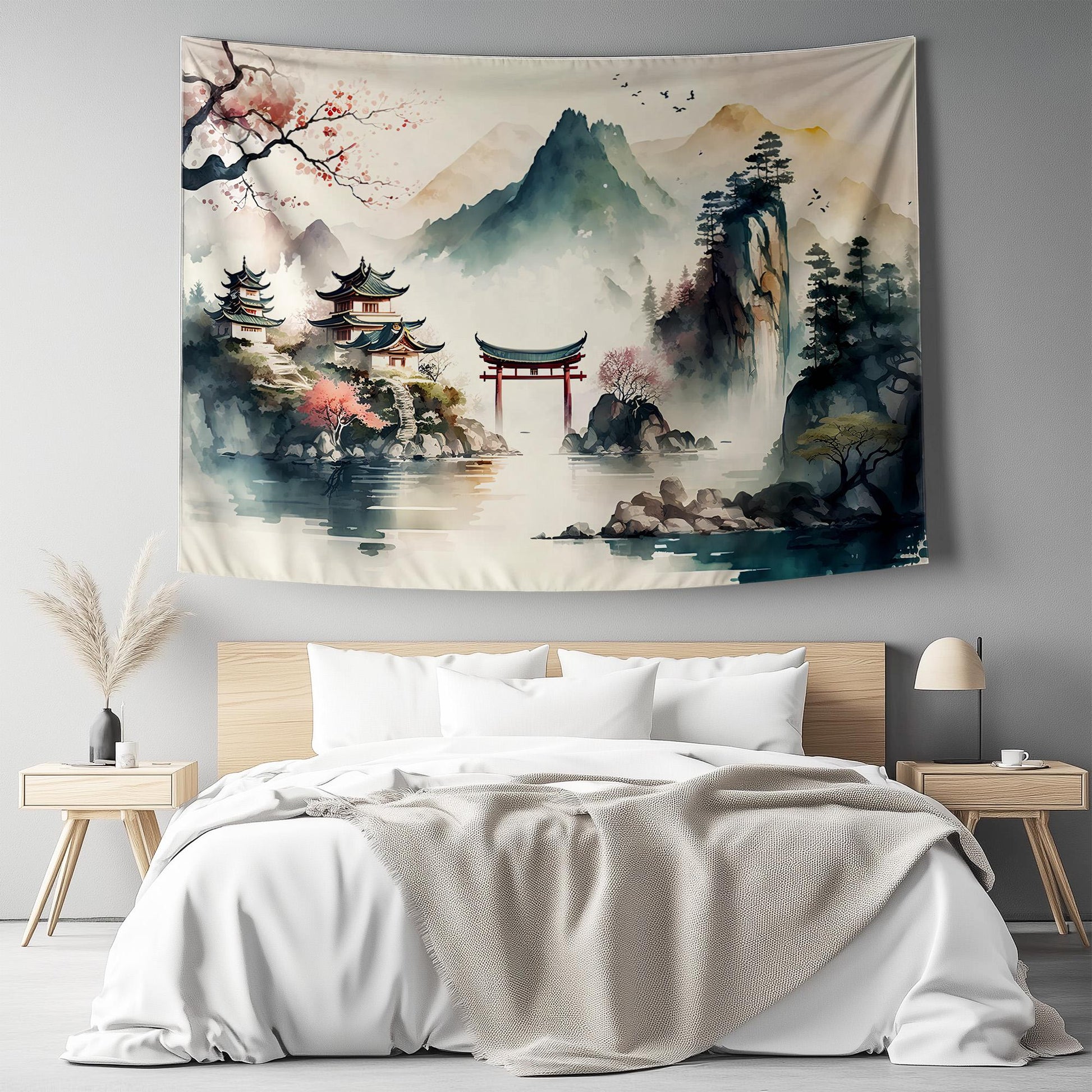 Japanese Watercolor Landscape Tapestry – Tranquil Mountain Forest Historic Houses Wall Art for Serene Home Decor