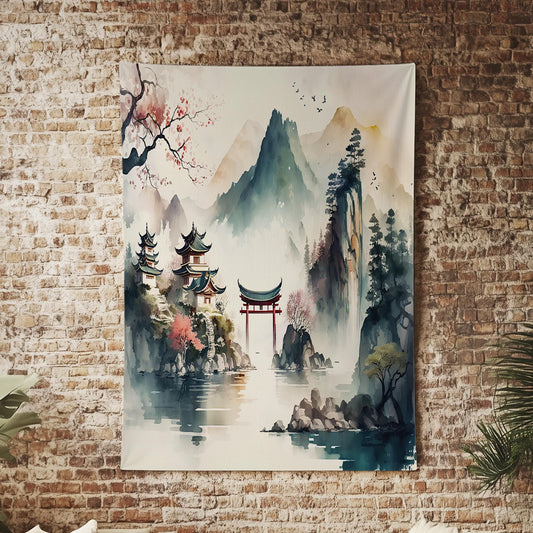 Japanese Watercolor Landscape Tapestry – Tranquil Mountain Forest Historic Houses Wall Art for Serene Home Decor