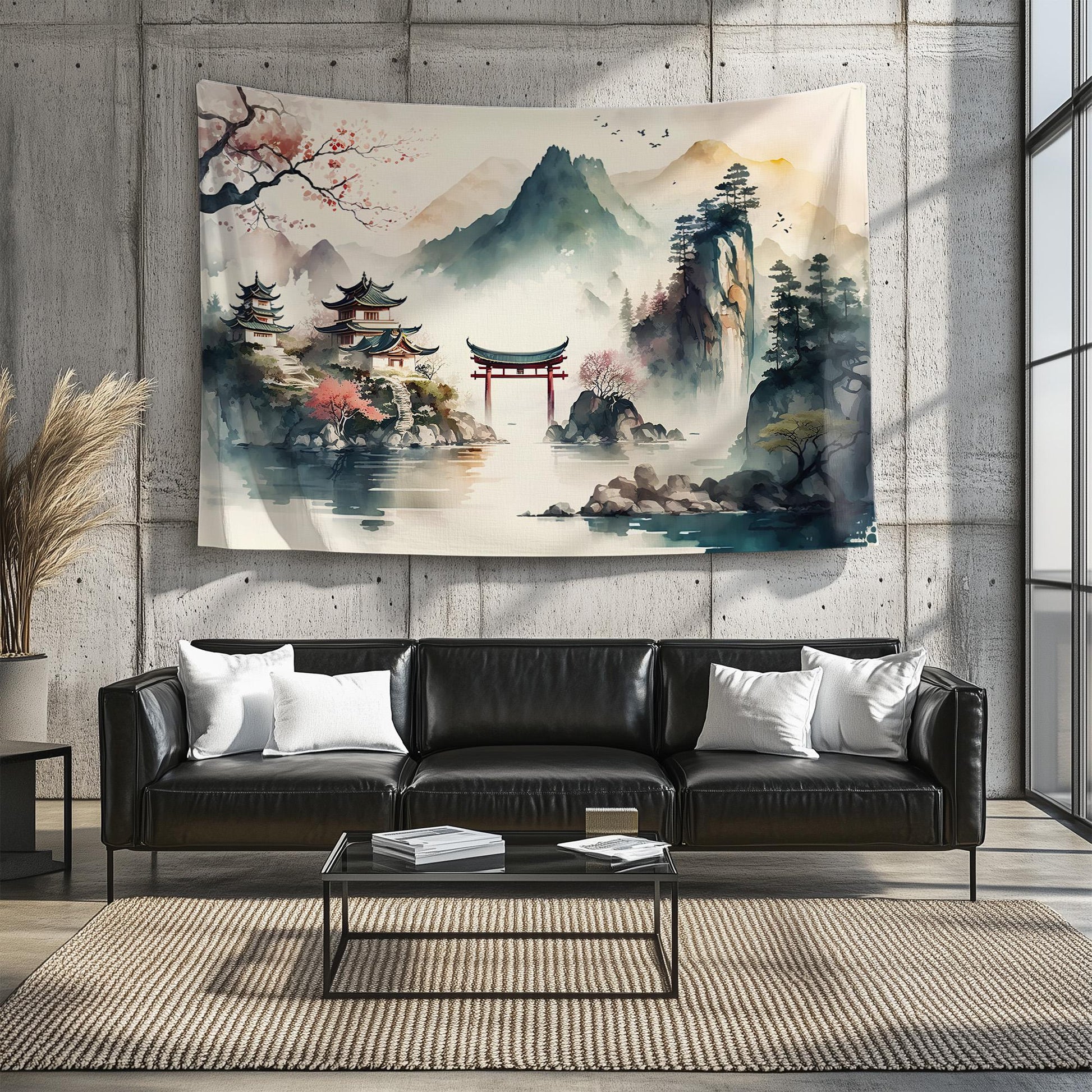 Japanese Watercolor Landscape Tapestry – Tranquil Mountain Forest Historic Houses Wall Art for Serene Home Decor