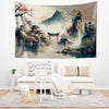 Japanese Watercolor Landscape Tapestry – Tranquil Mountain Forest Historic Houses Wall Art for Serene Home Decor