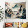Japanese Watercolor Landscape Tapestry – Tranquil Mountain Forest Historic Houses Wall Art for Serene Home Decor