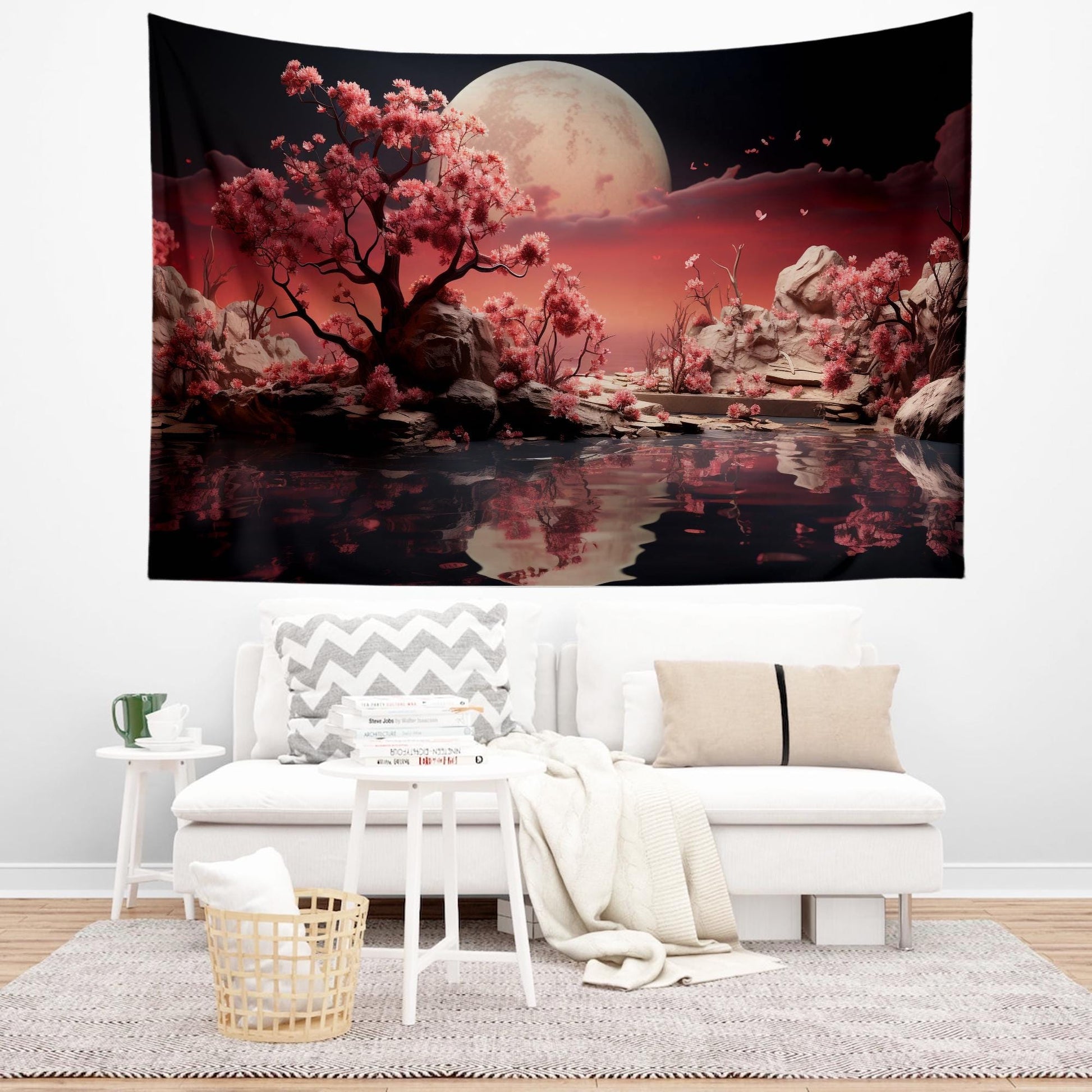 Japanese Art Landscape Tapestry, Nature Tapestry Wall Hanging, Moon Tapestry, Mountain Forest Landscape Tapestries for Living Room Decor