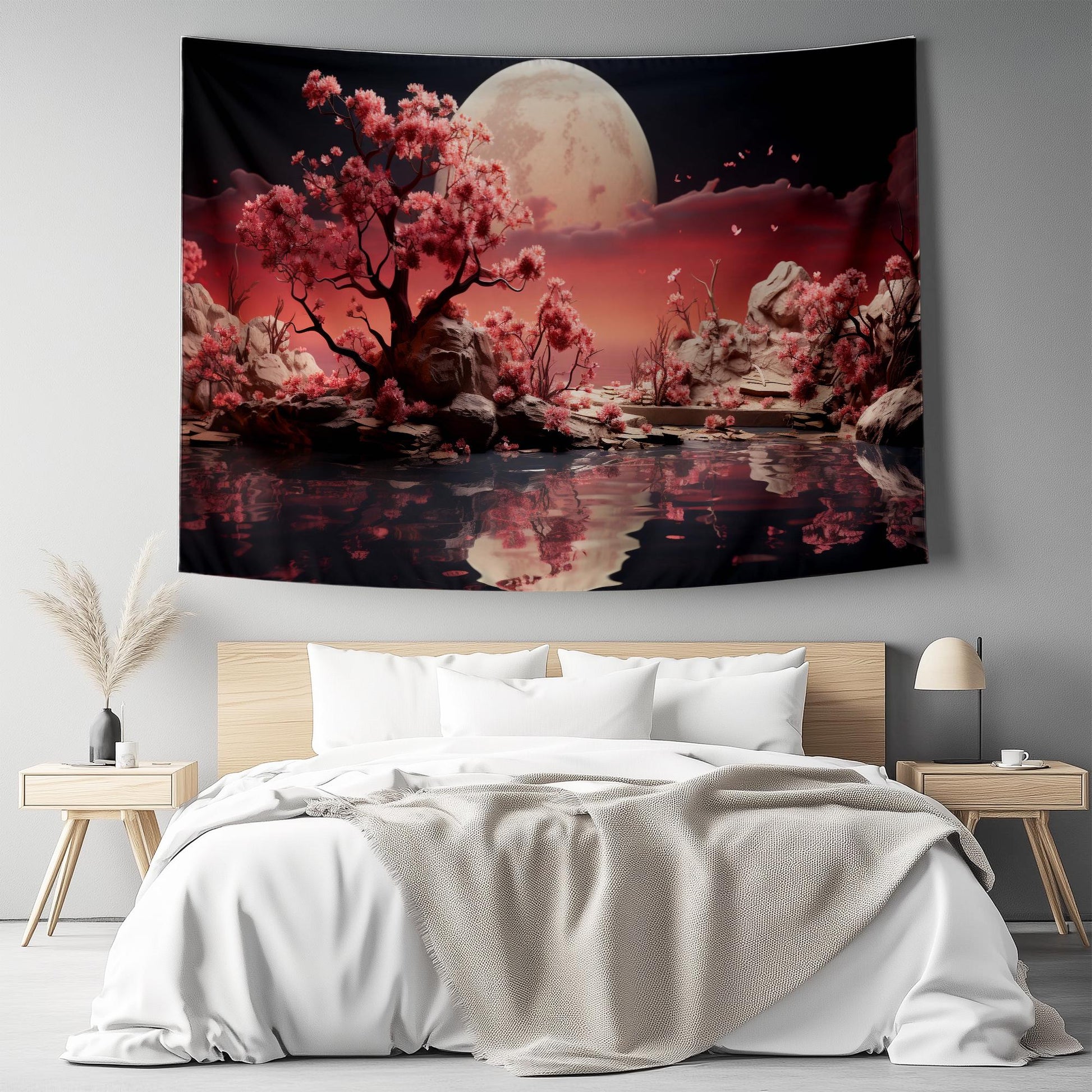 Japanese Art Landscape Tapestry, Nature Tapestry Wall Hanging, Moon Tapestry, Mountain Forest Landscape Tapestries for Living Room Decor