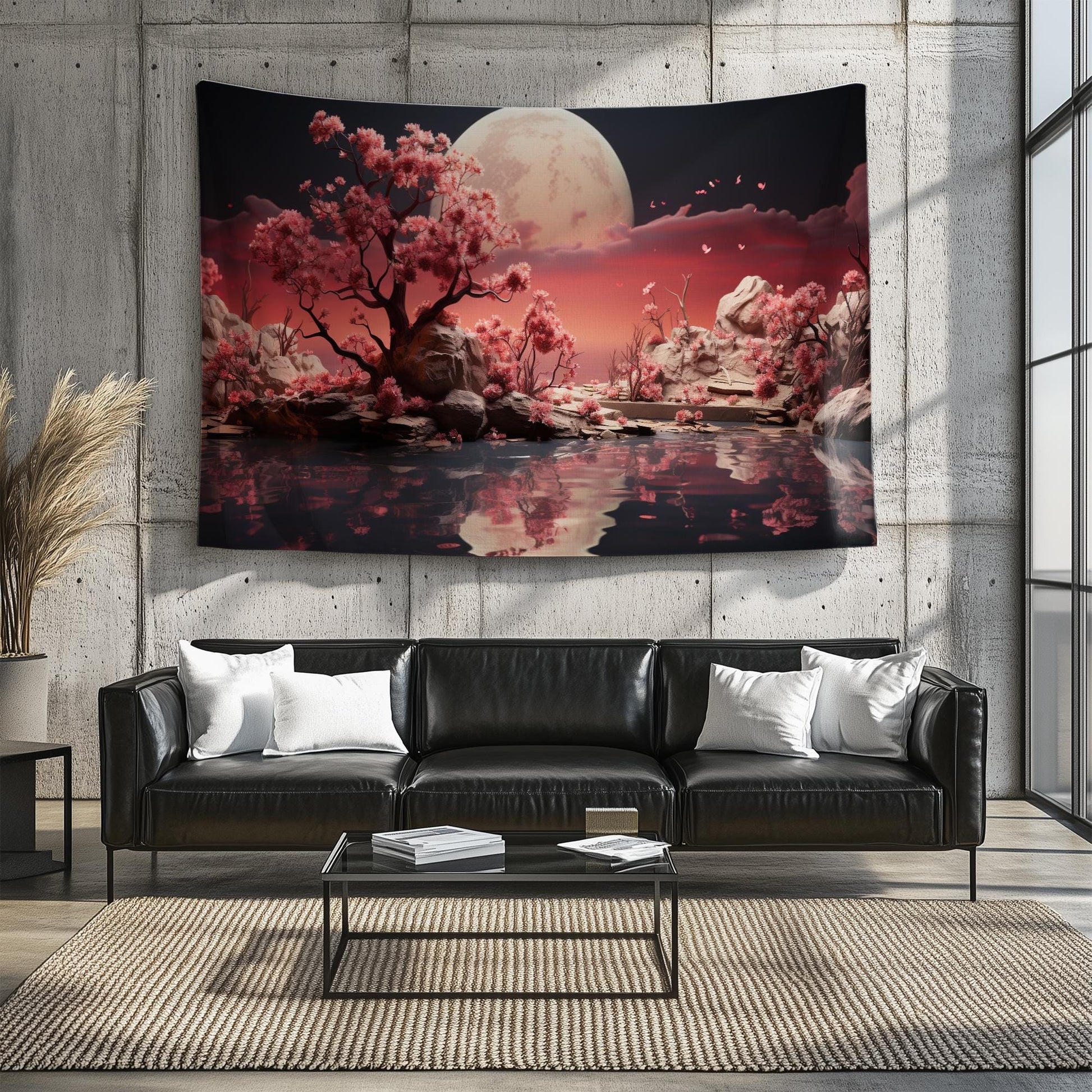 Japanese Art Landscape Tapestry, Nature Tapestry Wall Hanging, Moon Tapestry, Mountain Forest Landscape Tapestries for Living Room Decor