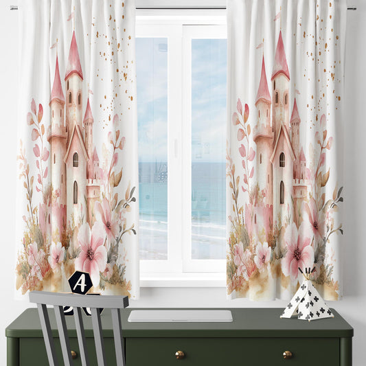 Pink Medieval Castle Girls Kids Curtains & Pillow Covers, Custom Nursery Drapes, Room Decor for Girls ’ Bedroom Window Treatment