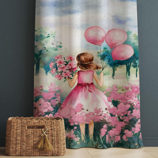Pink Princess Floral Flowers Balloons Kids Curtains & Gift Pillow Covers, Custom Nursery Drapes, Girls’ Bedroom Window Treatment Room Decor