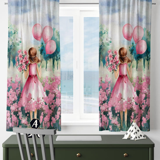 Pink Princess Floral Flowers Balloons Kids Curtains & Gift Pillow Covers, Custom Nursery Drapes, Girls’ Bedroom Window Treatment Room Decor