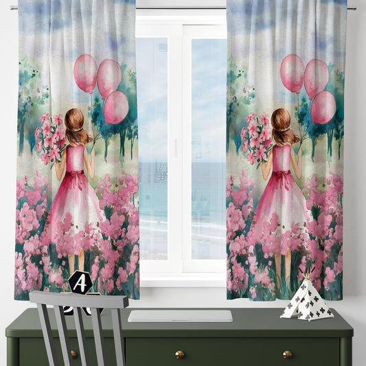 Pink Princess Floral Flowers Balloons Kids Curtains & Gift Pillow Covers, Custom Nursery Drapes, Girls’ Bedroom Window Treatment Room Decor