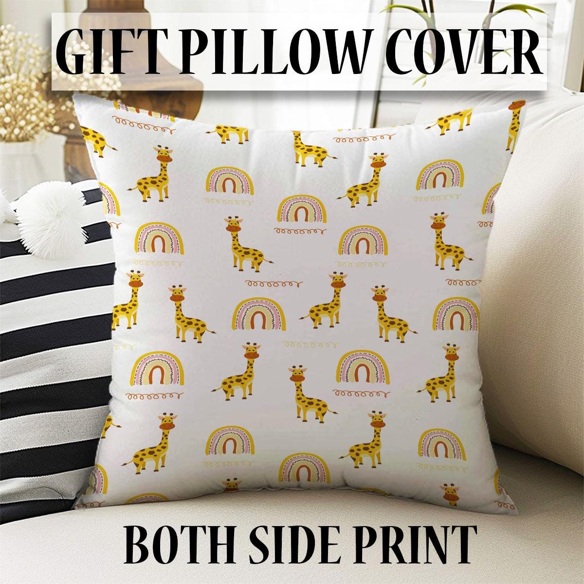 Yellow Boho Giraffe Kids Curtains & Gift Pillow Covers, Custom Nursery Animal Theme Drapes, Child Bedroom Window Treatment Decor