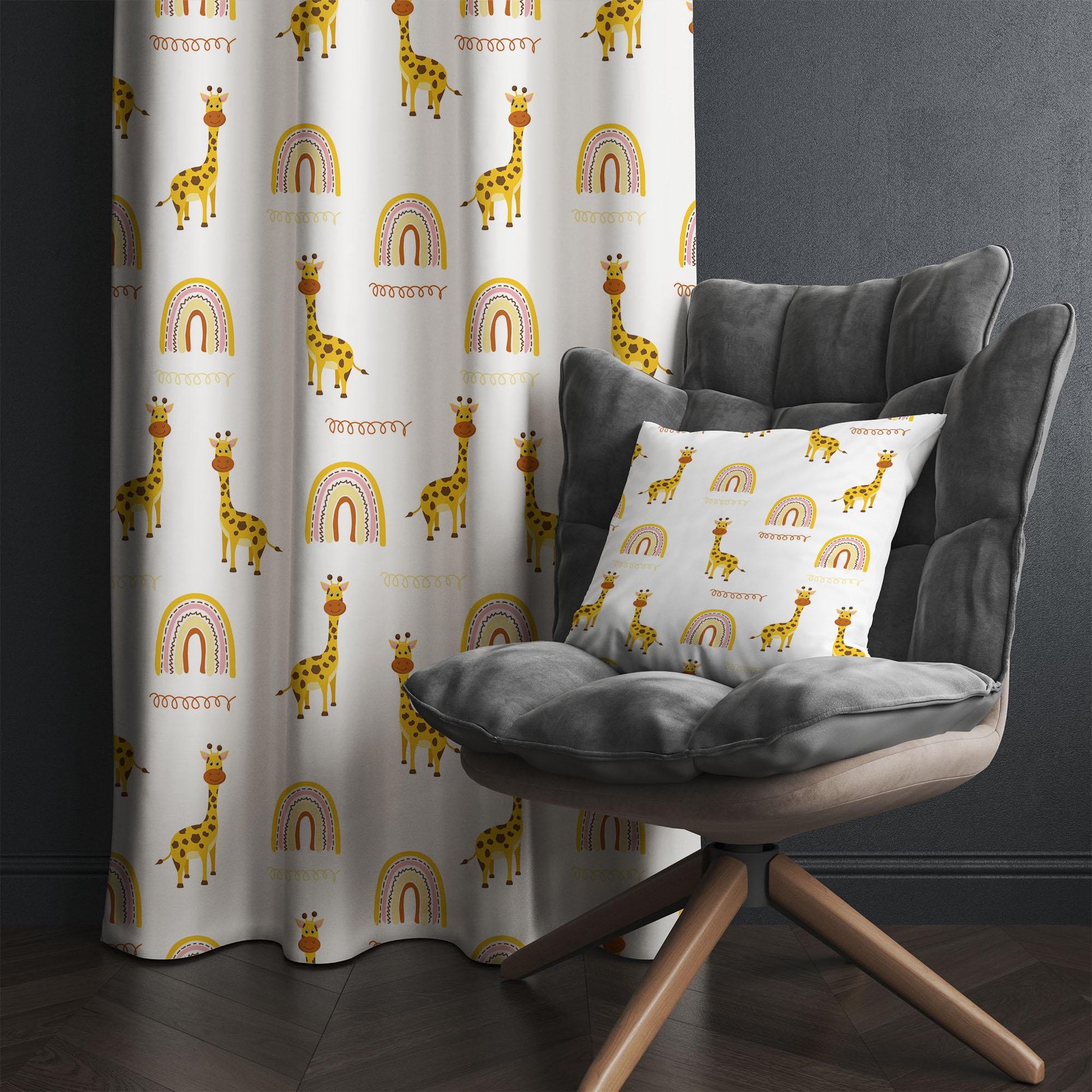 Yellow Boho Giraffe Kids Curtains & Gift Pillow Covers, Custom Nursery Animal Theme Drapes, Child Bedroom Window Treatment Decor