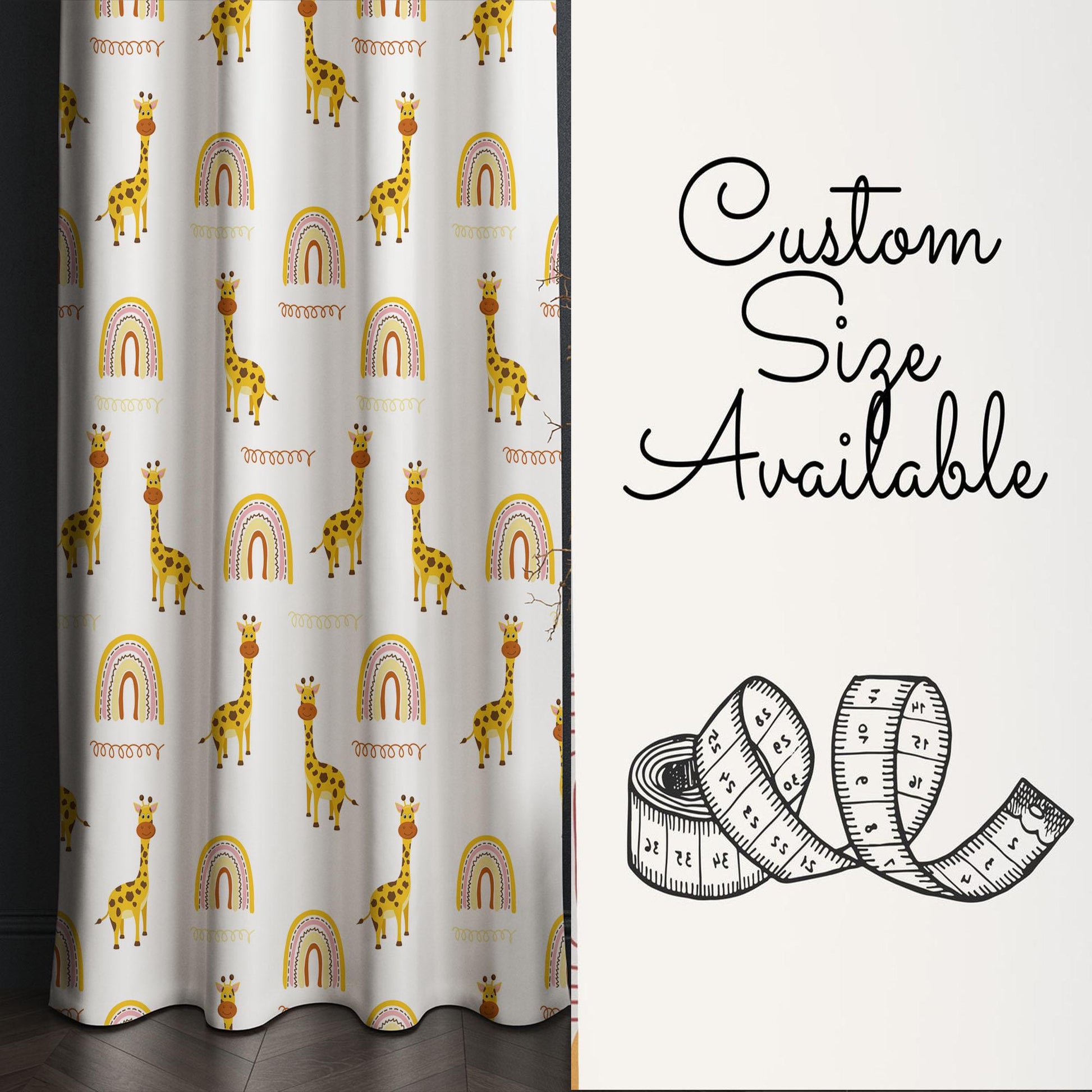Yellow Boho Giraffe Kids Curtains & Gift Pillow Covers, Custom Nursery Animal Theme Drapes, Child Bedroom Window Treatment Decor