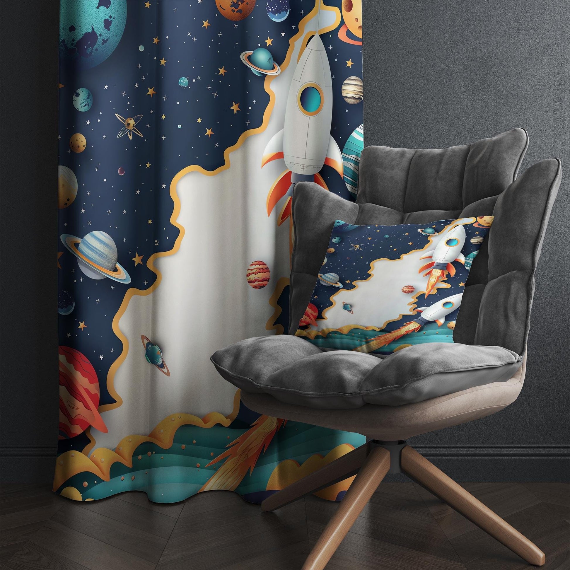 Rocket Galaxy Spaceship Planets Kids Curtains & Gift Pillow Covers, Custom Space Nursery Drapes, Child Bedroom Window Treatment Decor