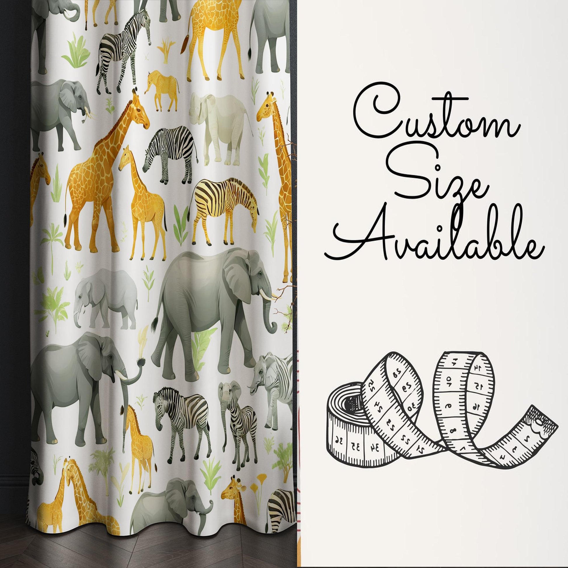 Safari Animals Kids Curtains & Gift Pillow Covers, Custom Nursery Drapes, Elephant Giraffe Zebra Window Treatment for Child Bedroom Decor