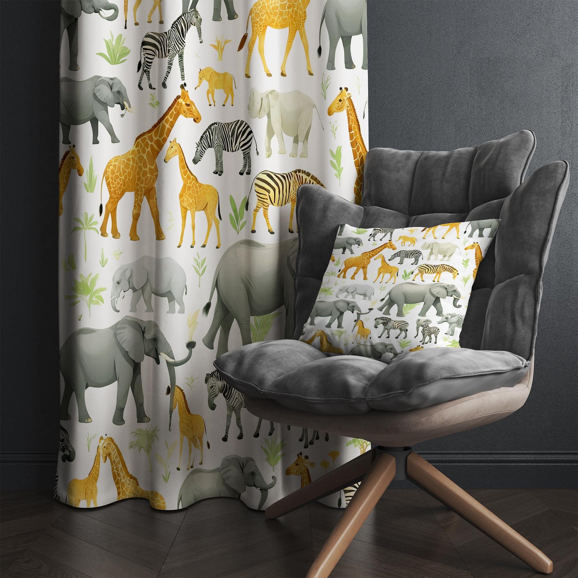 Safari Animals Kids Curtains & Gift Pillow Covers, Custom Nursery Drapes, Elephant Giraffe Zebra Window Treatment for Child Bedroom Decor
