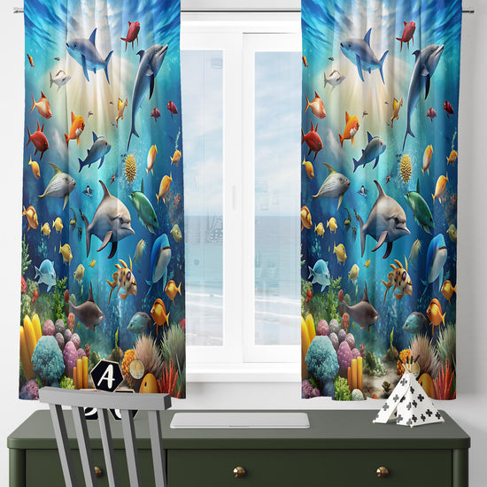 Under Sea Fishes Kids Curtains & Gift Pillow Covers, Custom Nursery Drapes Aquarium Fish Window Treatment for Child Bedroom Decor