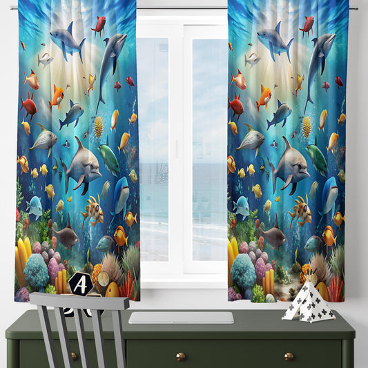 Under Sea Fishes Kids Curtains & Gift Pillow Covers, Custom Nursery Drapes Aquarium Fish Window Treatment for Child Bedroom Decor